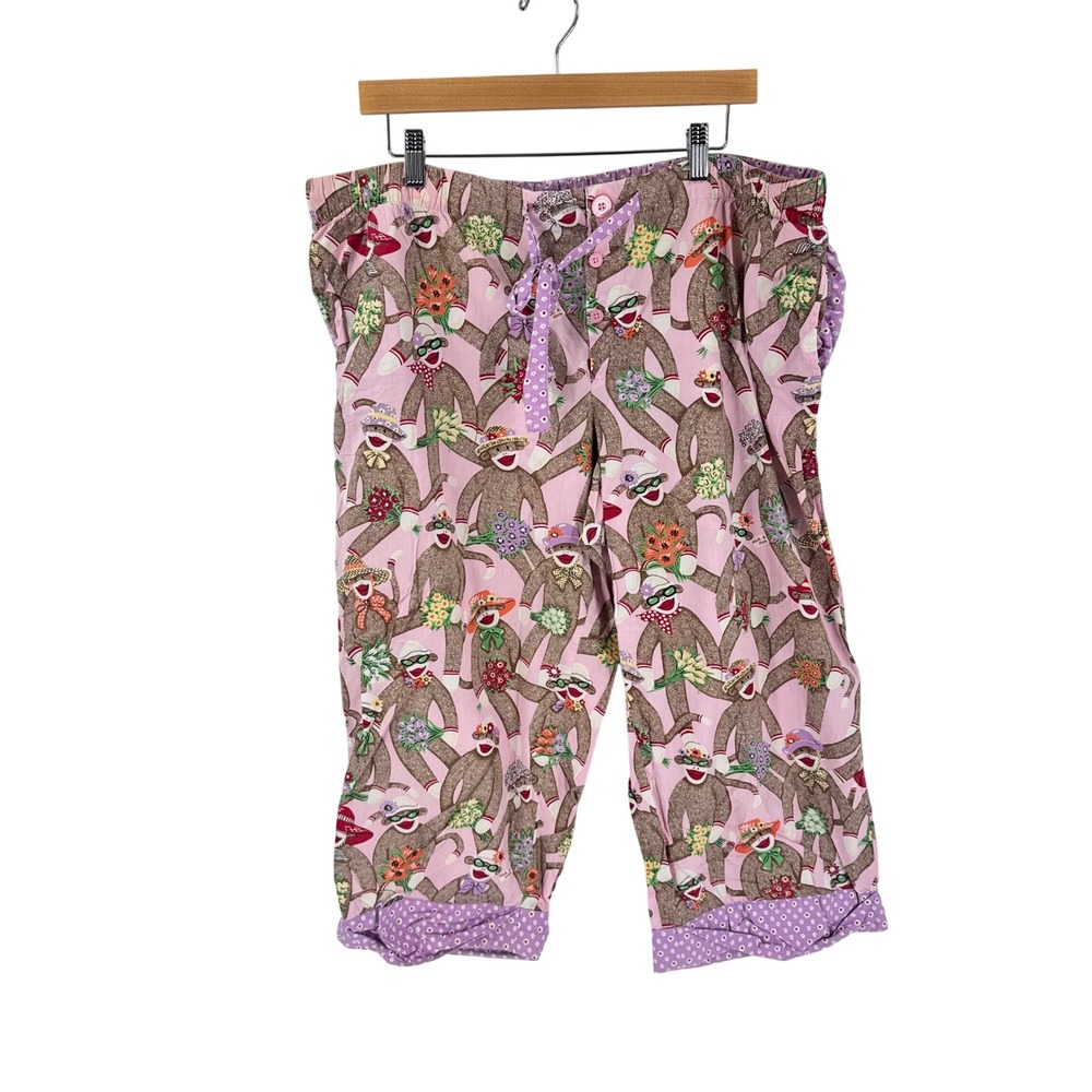 Nick & Nora Pajama Cropped Pants Pink XXL Sock Monkey Print Cotton Loungewear